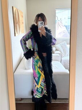 Sequin Multi-Color Long Coat with Black Faux Fur Trim